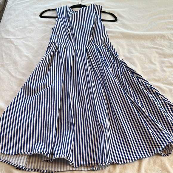 ⭐️ Blue pleated pinstripe tea length retro fit & flair sleeveless v zip back M - Picture 6 of 16
